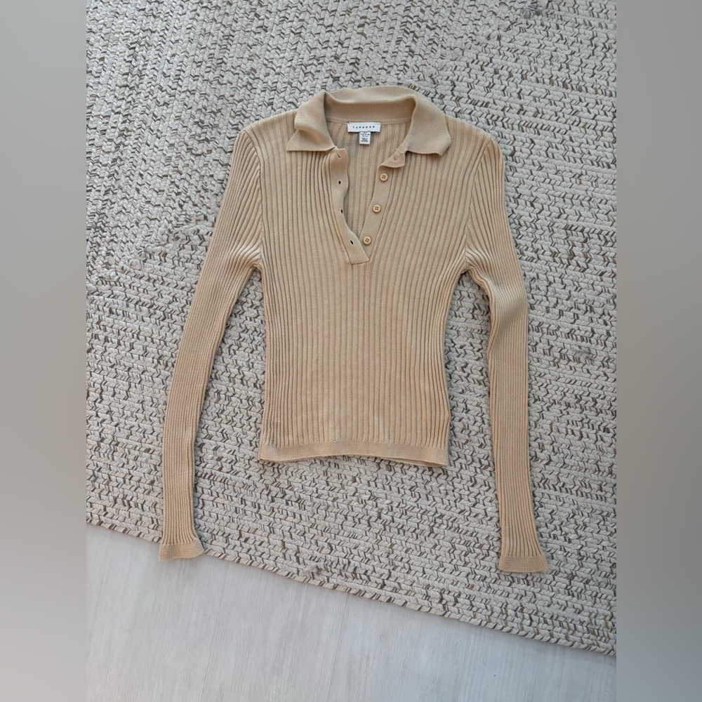 NEVER WORN. Tan Ribbed Long Sleeve Polo Top